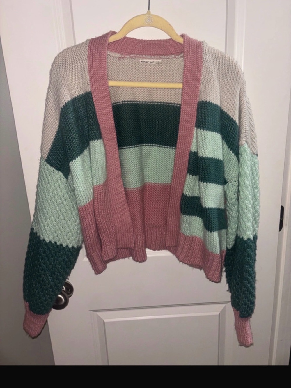 Open-Front Striped Chunky Knit Cardigan - Pink & Green